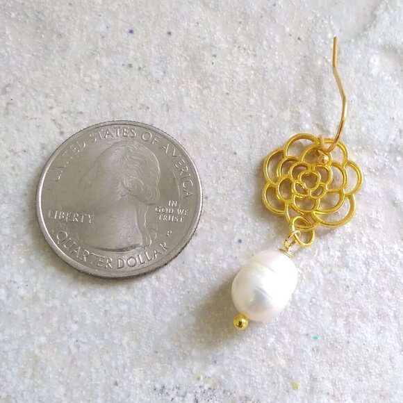 Bougie & Boho! Golden Floral & Genuine Pearl Earrings - Soft Feminine Essence - Picture 3 of 8